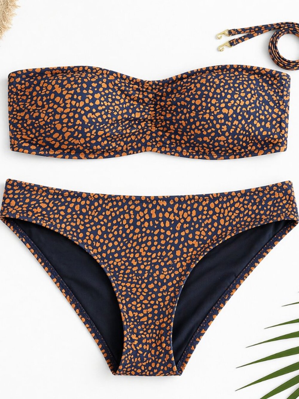 J.Crew Bikini XS/S Navy Brown Print | Bandeau Top Full Coverage Bottom Classic